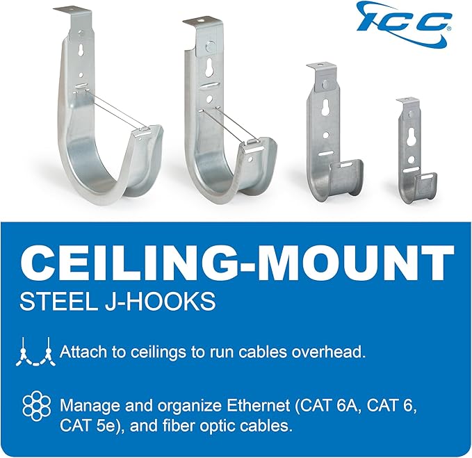 ICC Ceiling Mount J Hook 1 5/16” Without Retainer Clip – Galvanized Steel Cable (25-Pack)