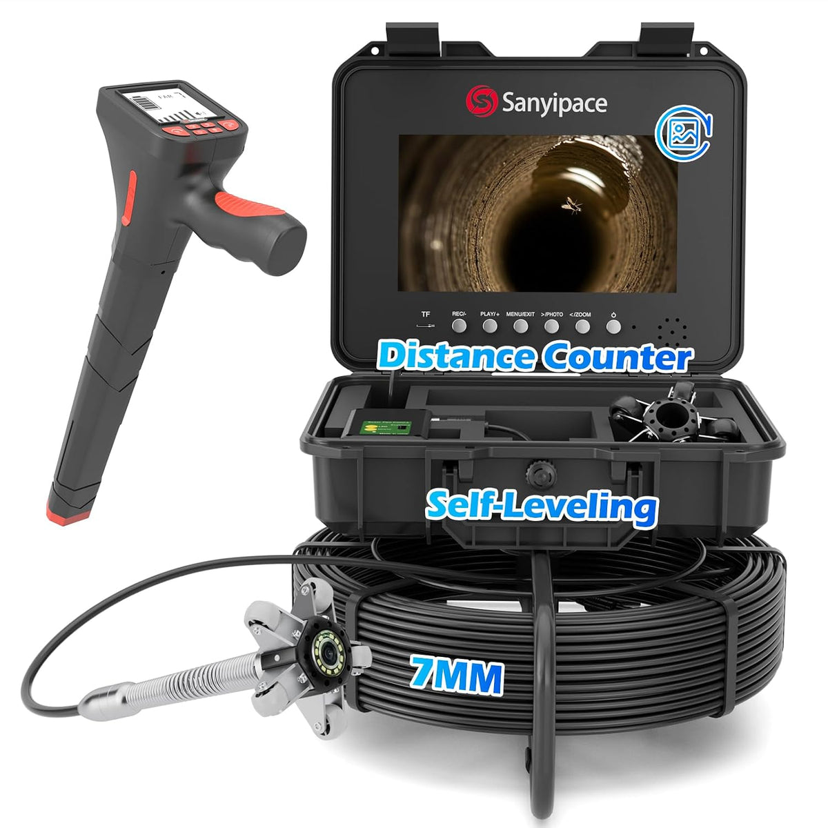 sanyipace sewer camera with pipe locator, 7mm/0.28inch cable shown in use