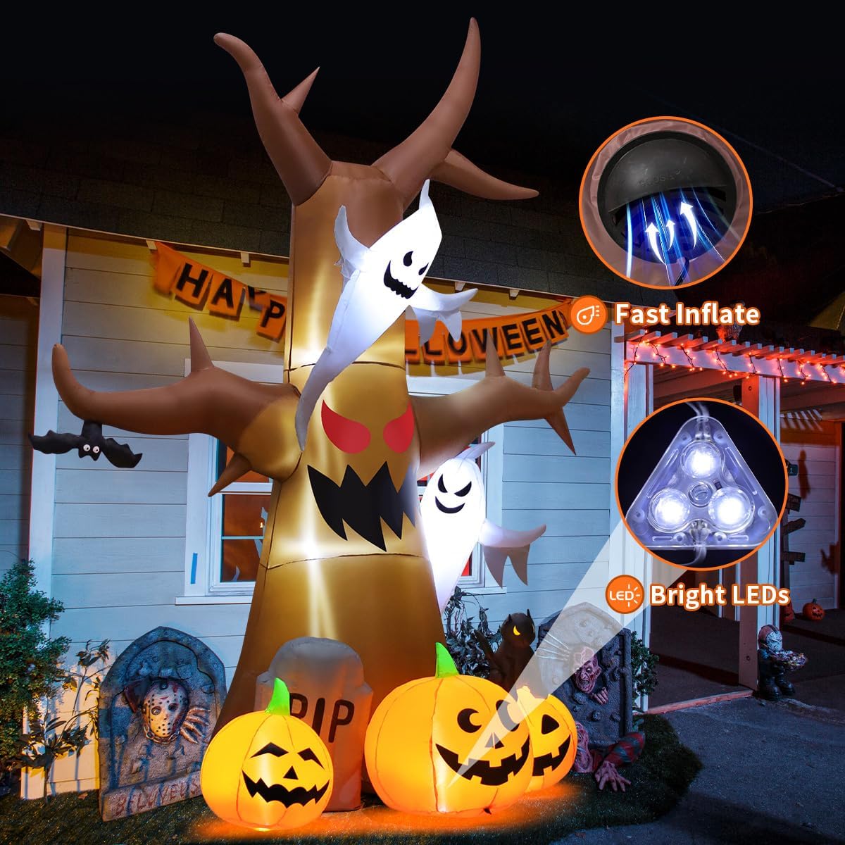GOOSH 12 FT Halloween Inflatables Tree Outdoor Decorations Blow Up Yard Scary Dead Tree with Pumpkin Ghost Tombstone with Built-in LEDs for Garden Lawn Indoor Party Decor