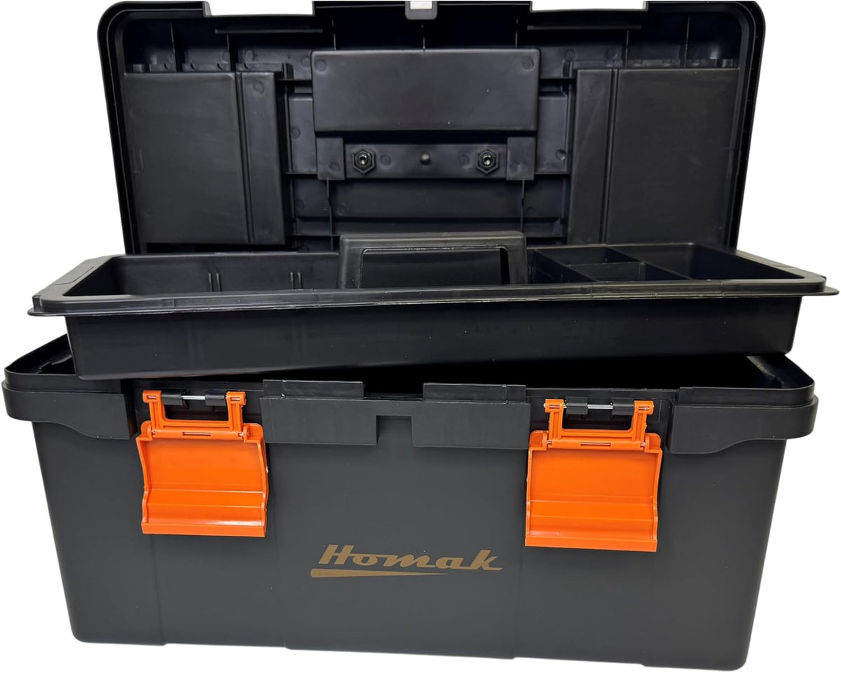 homak plastic tool box with tray and dividers, side view