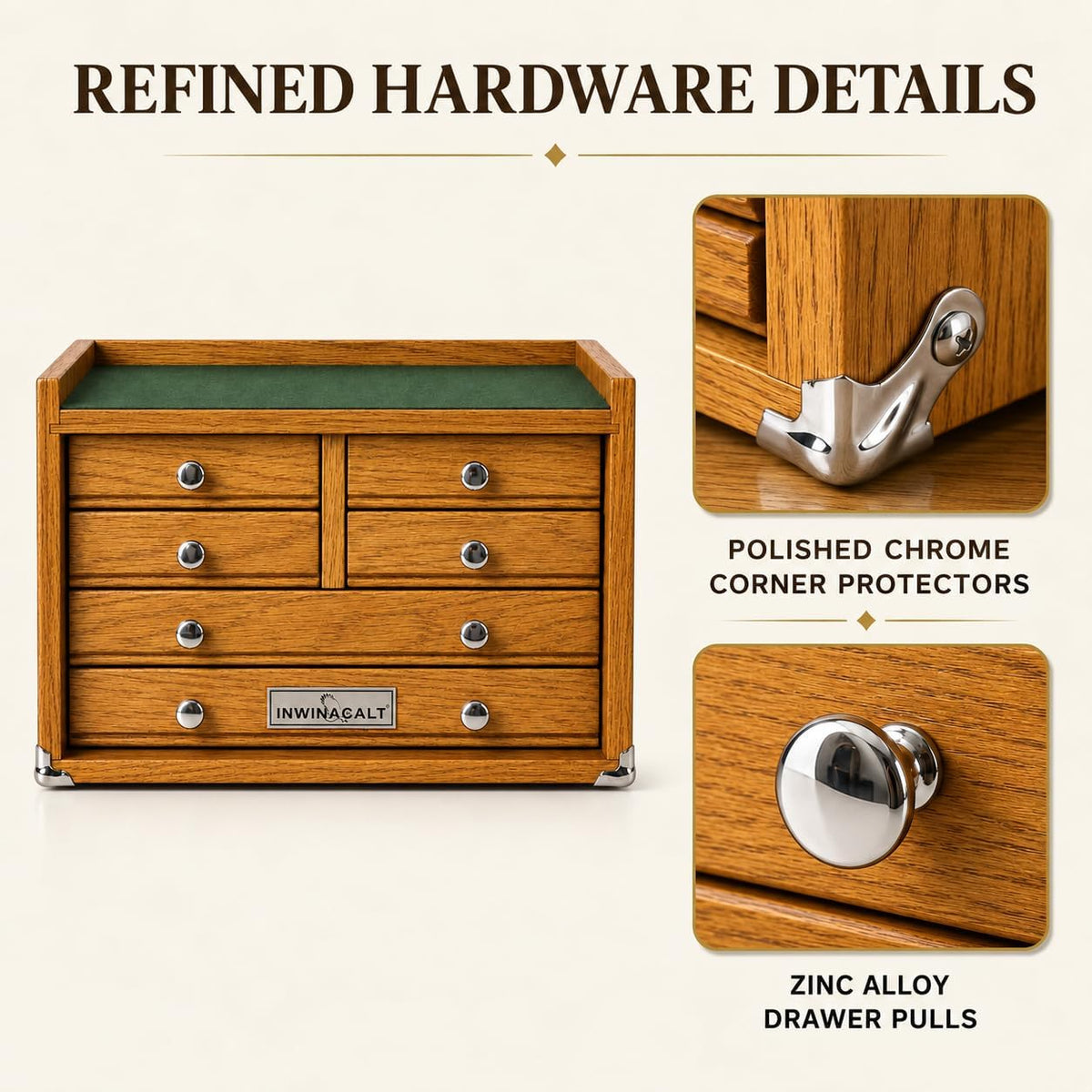 6-drawer desktop chest, machinist-inspired wood tool storage showing dimensions
