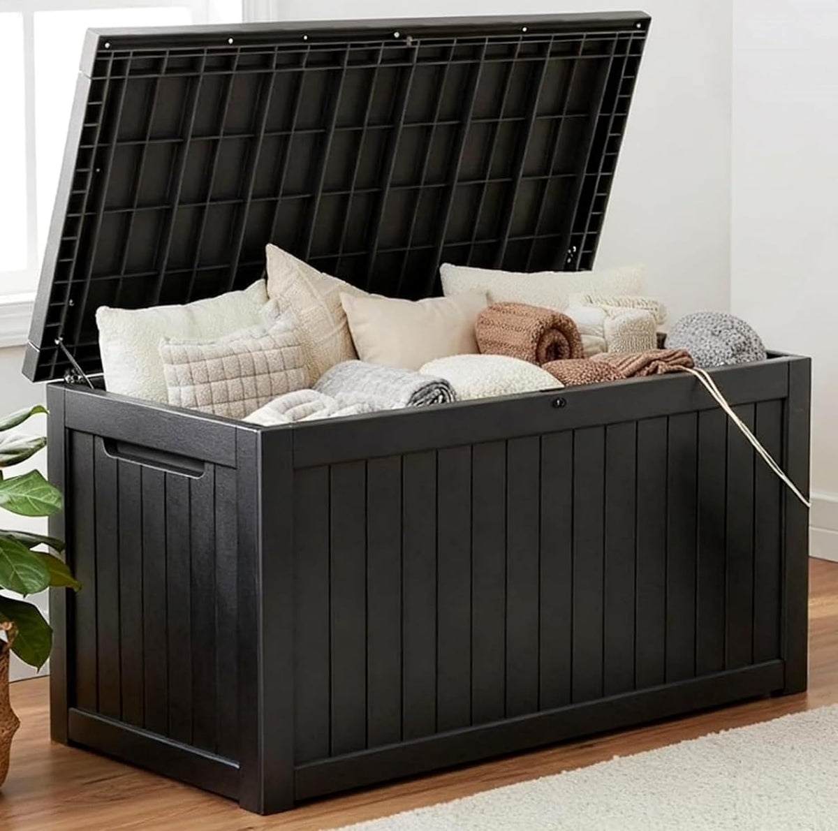 269 Gallon Large Outdoor Storage Box, Waterproof Deck Box with Lockable Lid, Resin Outside Storage Box for Patio Furniture, Pool Accessories, Garden Tools, Storage Bench for Backyard, Porch, Black