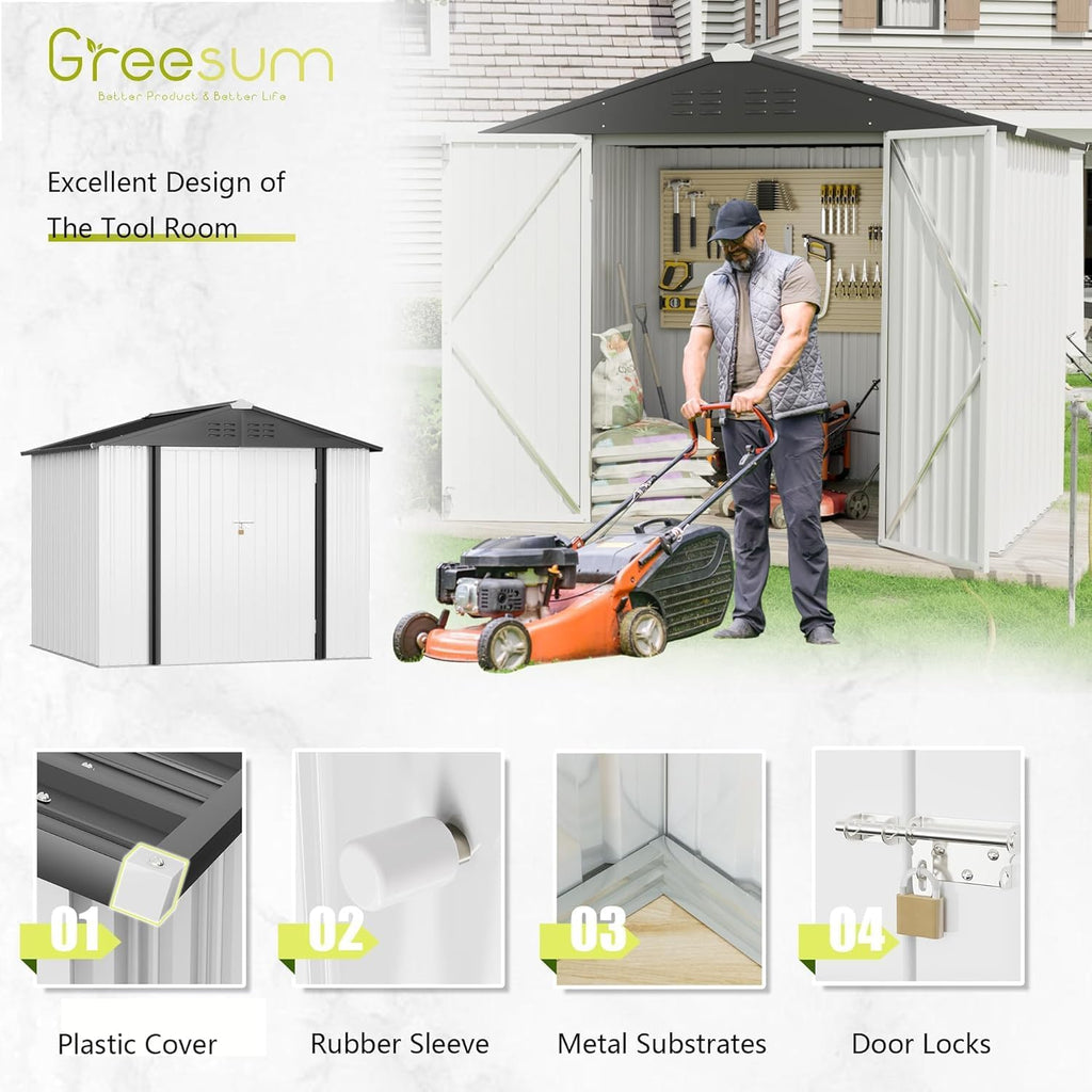 greesum 8x6ft outdoor storage shed utility tool shed on a desk or shelf