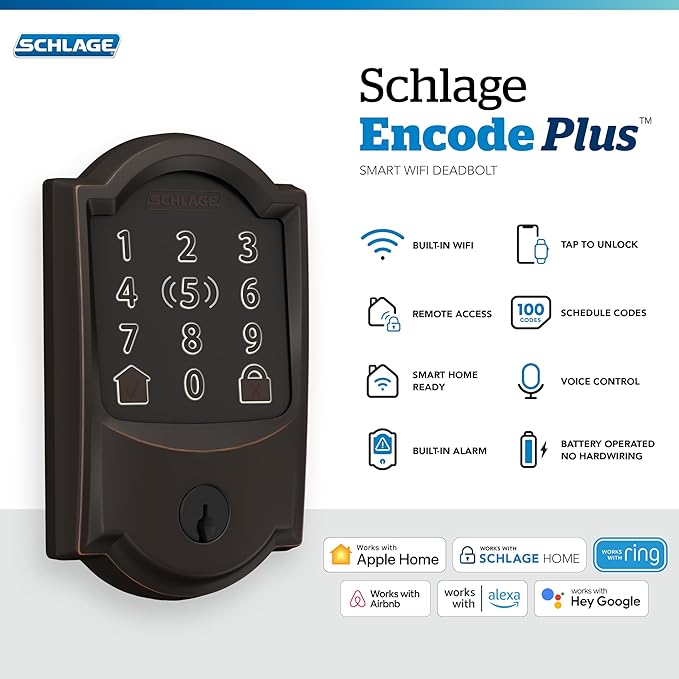 Schlage BE499WB CAM 716 Encode Plus WiFi Deadbolt Smart Lock, Keyless Entry