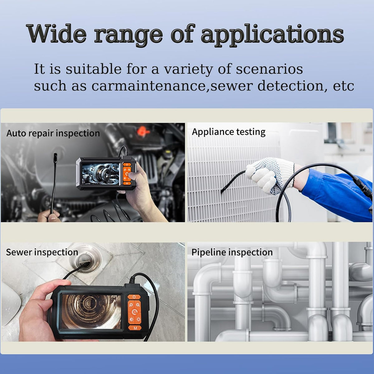 daxiongmao endoscope camera with light, 1080p hd borescope, front angle view