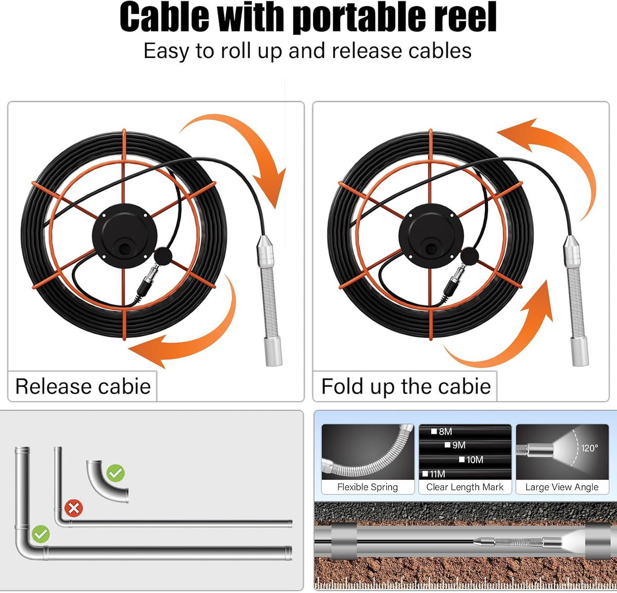 sewer camera 100ft/30m borescopes plumbing snake pipe inspection, close-up detail