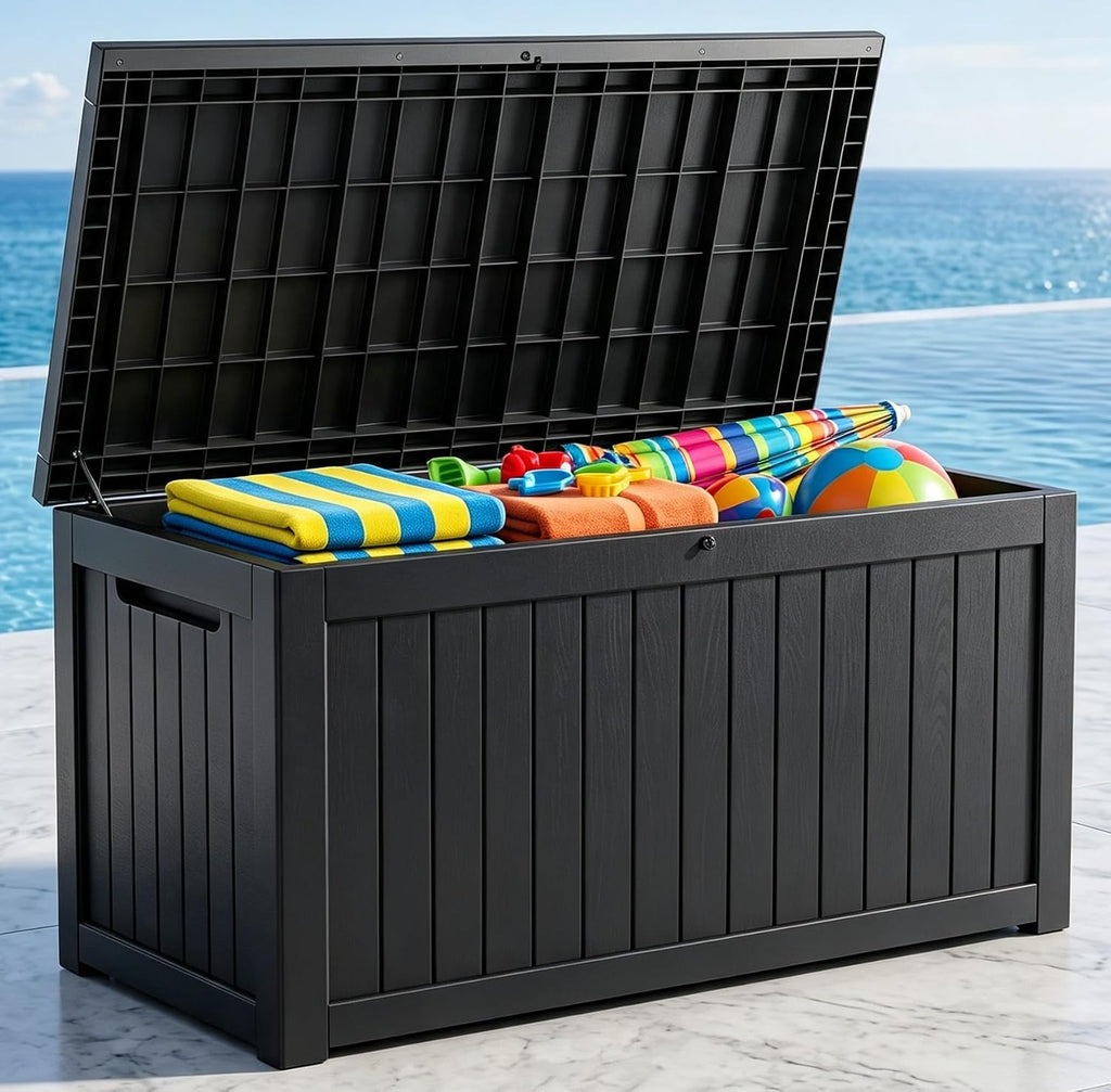 MAKINO 198 Gallon Large Resin Outdoor Storage Box, Waterproof Deck Box, Lockable Deck Container with Reinforced Support, Outdoor Chest for Patio Accessories, Outdoor Cushions, Garden Tools, Black