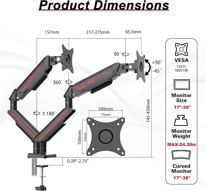 Fydeamer Dual Monitor Arm for 17-35" Screens up to 24.2 lbs, Ergonomic Gas
