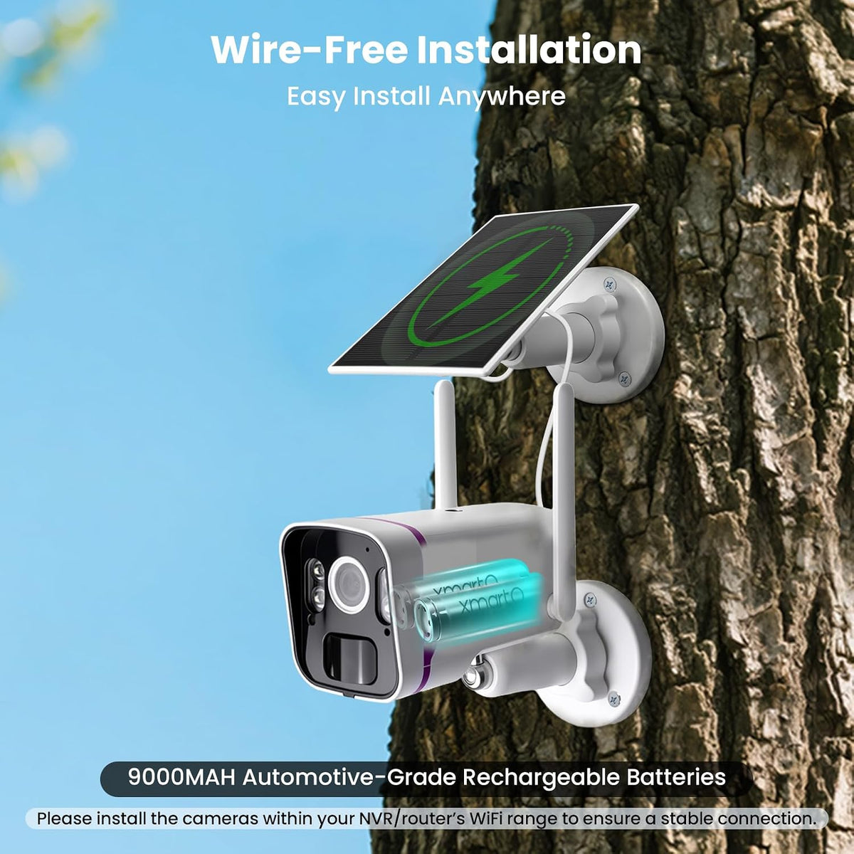 xmarto 2-pack solar security cameras wireless outdoor, 4mp shown in use