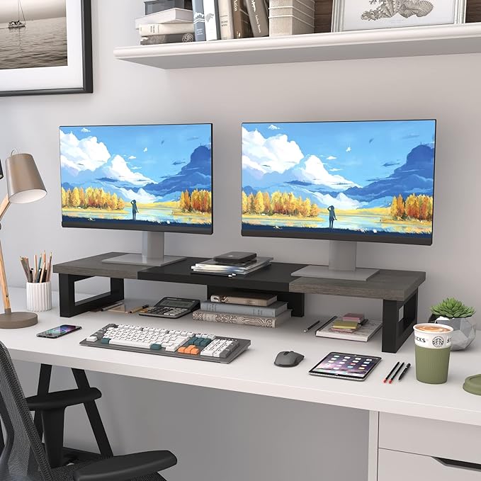 WESTREE Dual Monitor Stand Riser, Wood and Steel Monitor Stand Riser, Computer