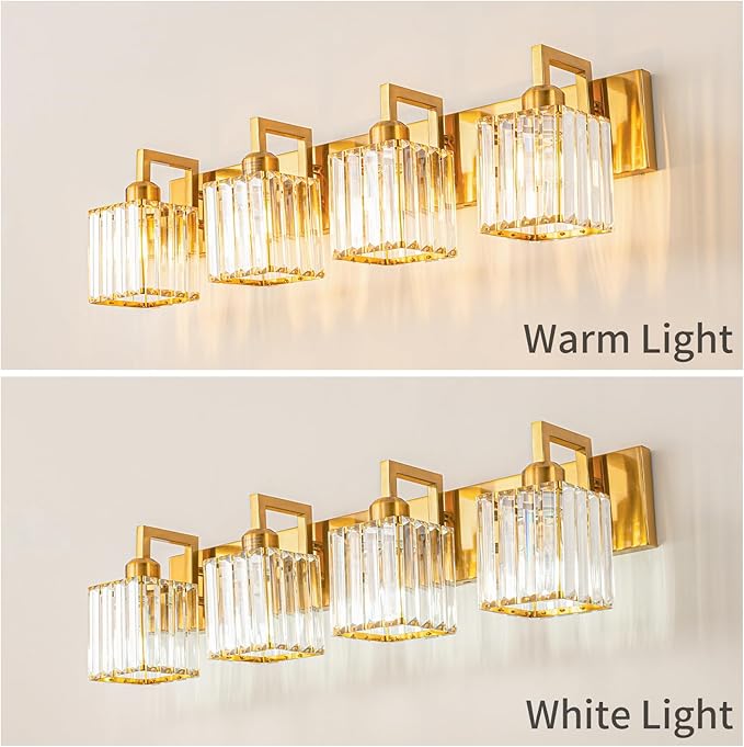 FDPBY Modern Crystal Bathroom Vanity Light 4-Lights Gold Brushed Brass Finish