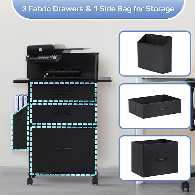 Printer Stand with 3 Fabric Drawer, Mobile File Cabinet