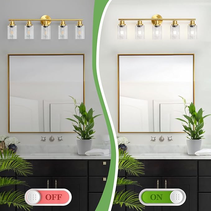Guliaofo 5-Light Bathroom Vanity Lights, E26 Modern Brushed Gold Bathroom Light