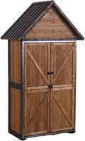 GUTINNEEN Outdoor Storage Cabinet, Upgraded with Durable Front Metal Frame Garden Shed Tool Storage Cabinet with Wooden Floor Adjustable Shelfs 2.5 x 1.4FT （Brown）