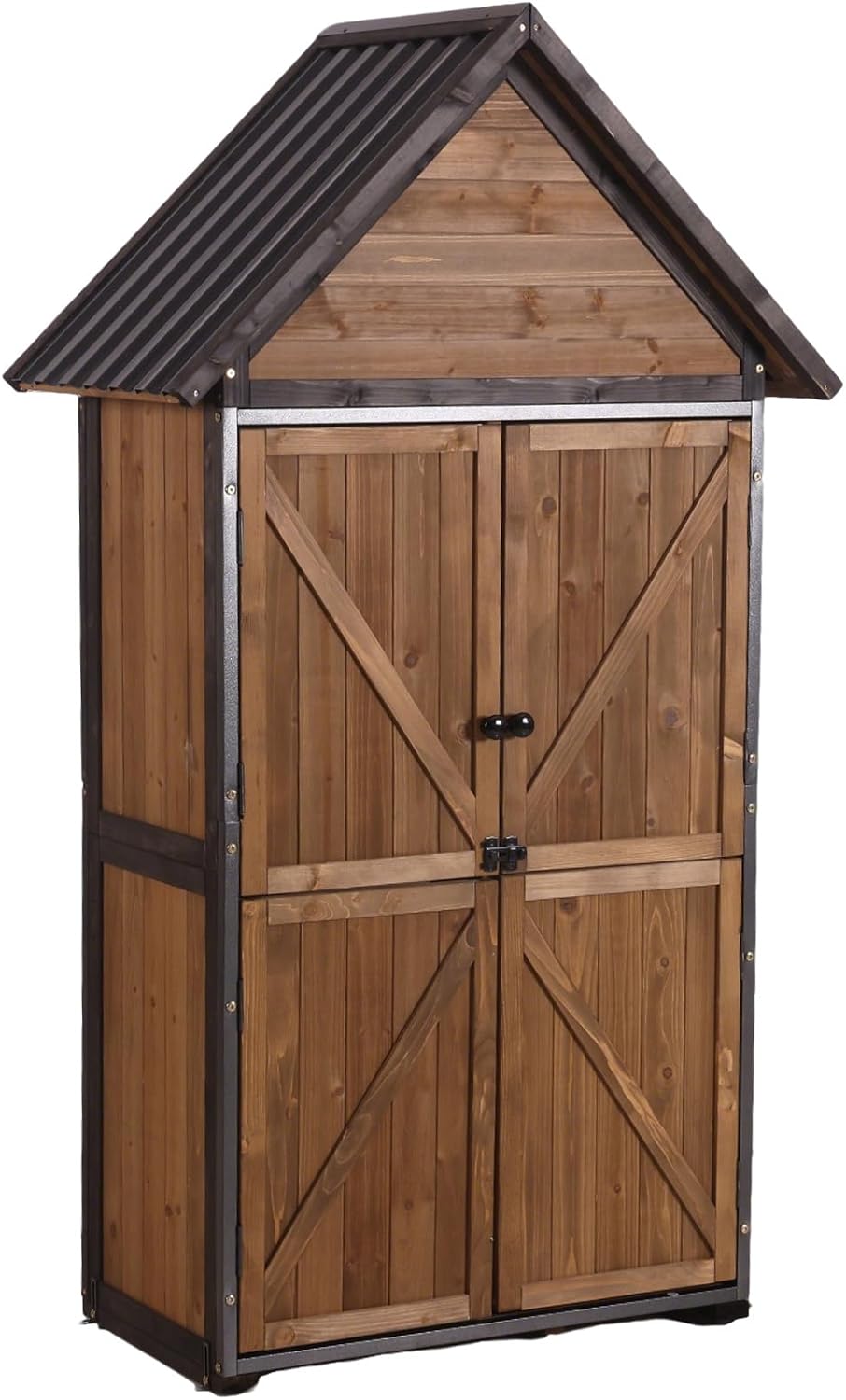 GUTINNEEN Outdoor Storage Cabinet, Upgraded with Durable Front Metal Frame Garden Shed Tool Storage Cabinet with Wooden Floor Adjustable Shelfs 2.5 x 1.4FT （Brown）