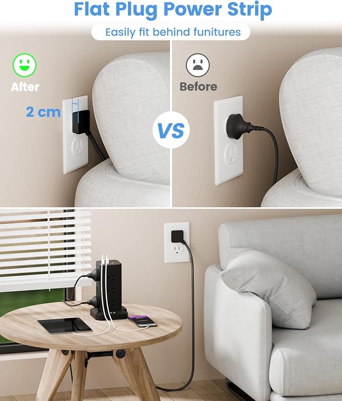 Power Strip Tower with Surge Protector 1800J, Fast Charging Tower PD20W USB-C