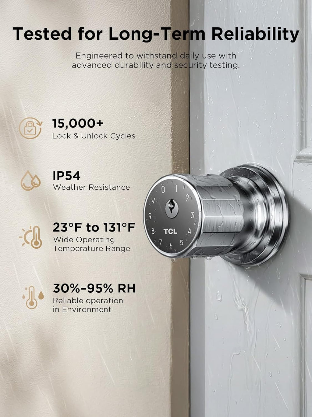 TCL K1 Fingerprint Smart Door Knob, 0.3s Biometric Keyless Entry, 4-in-1 Access with App Control & Passcode, Auto-Lock, Anti-Peep Keypad, 100 Fingerprints, for Bedroom Apartment Airbnb