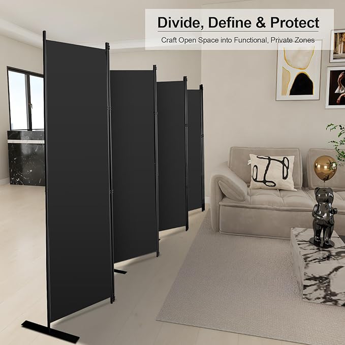 MAYOLIAH 8-Panel Black Room Divider 6ft Tall Folding Privacy Screen Portable