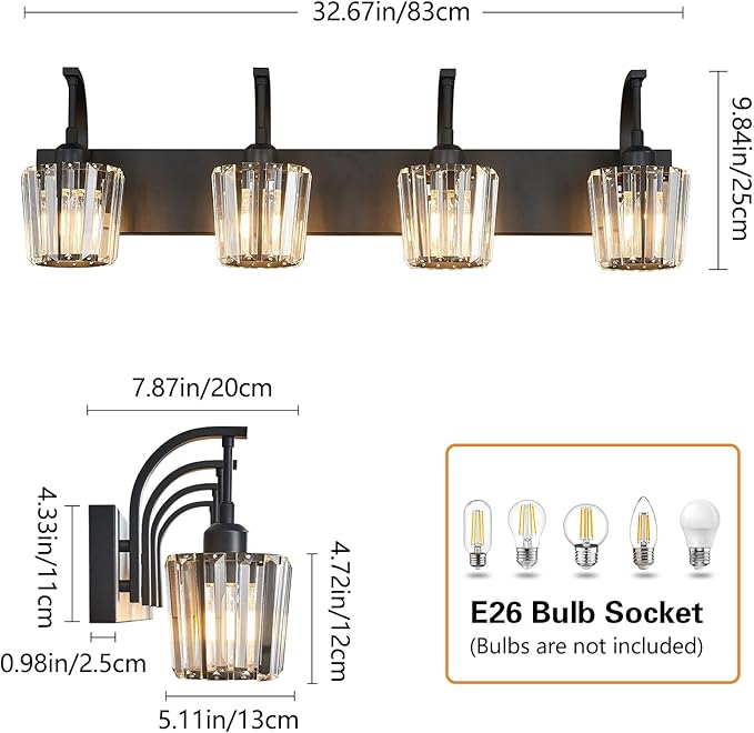 FDPBY Modern Bathroom Vanity Light, 4-Light Black Wall Sconce