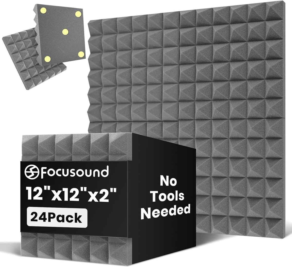 Focusound Grey Acoustic Panels 24 Pack 2"x12"x12"