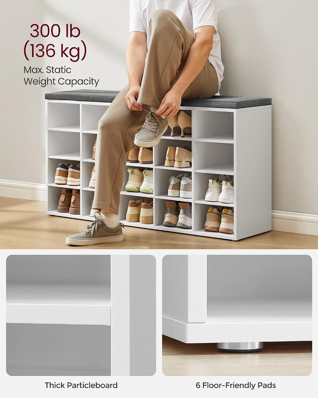 vasagle shoe bench with cushion, 20 compartments, 12 showing dimensions