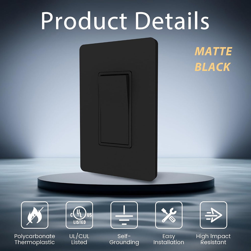 thunderway matte black 3 way decorative light switch showing dimensions