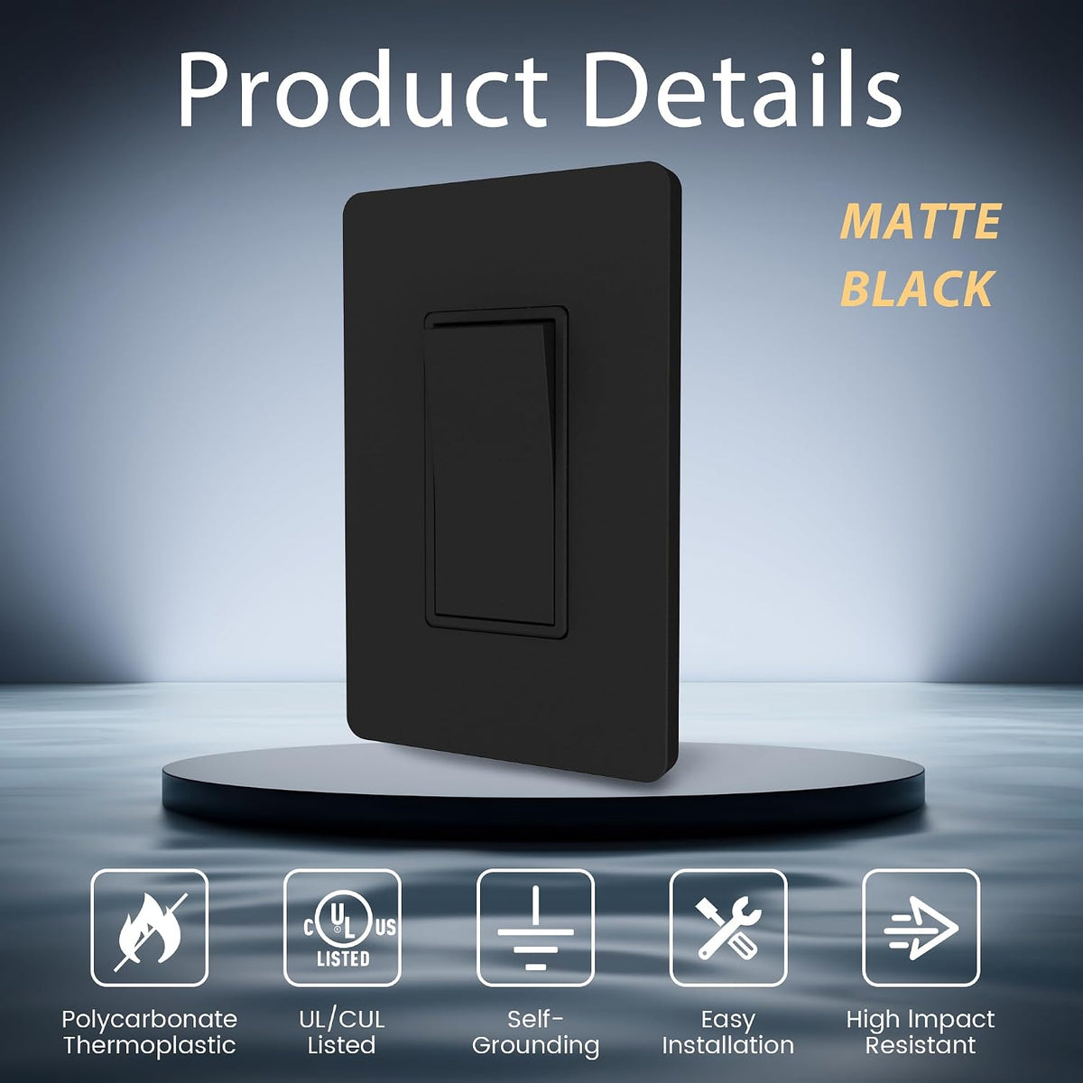 thunderway matte black 3 way decorative light switch showing dimensions