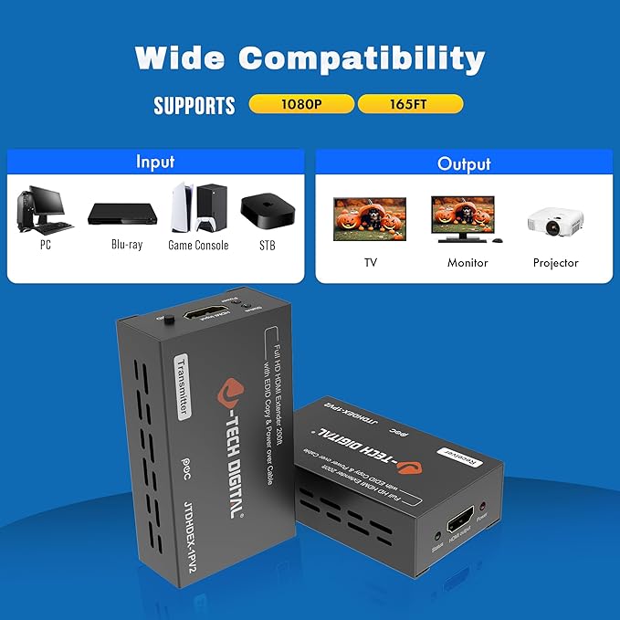 J-Tech Digital HDMI Extender 1080P 60Hz Over Single CAT 5e/6/7 PoC up to 165ft