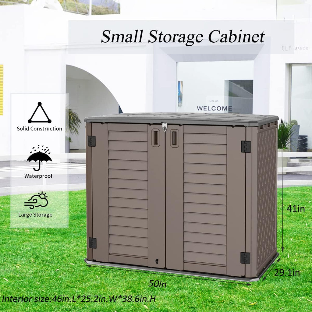 mrosaa horizontal resin storage shed, 34 horizontal cu.ft showing dimensions