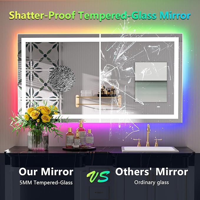 YEELAIT 55x30 Inch RGB LED Bathroom Mirror Front Light and RGB Backlit Lighted