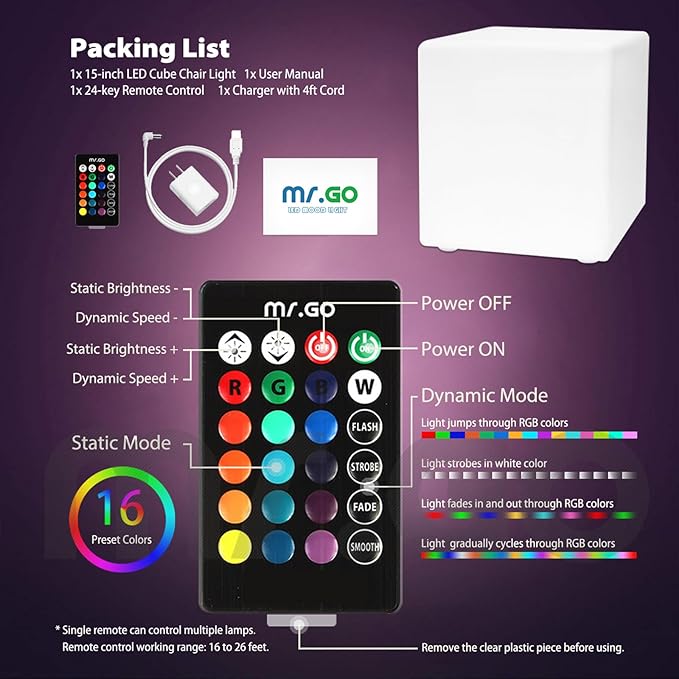 Mr.Go 15-Inch LED Cube Chair, 16 Dimmable RGB Colors Cube Seat w/Remote
