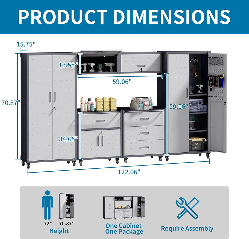 6-Piece Garage Storage Cabinets System Heavy Duty Workshop Set Includes Wall-Mounted and Rolling Cart Metal Tool Organization System for Garage Workshop