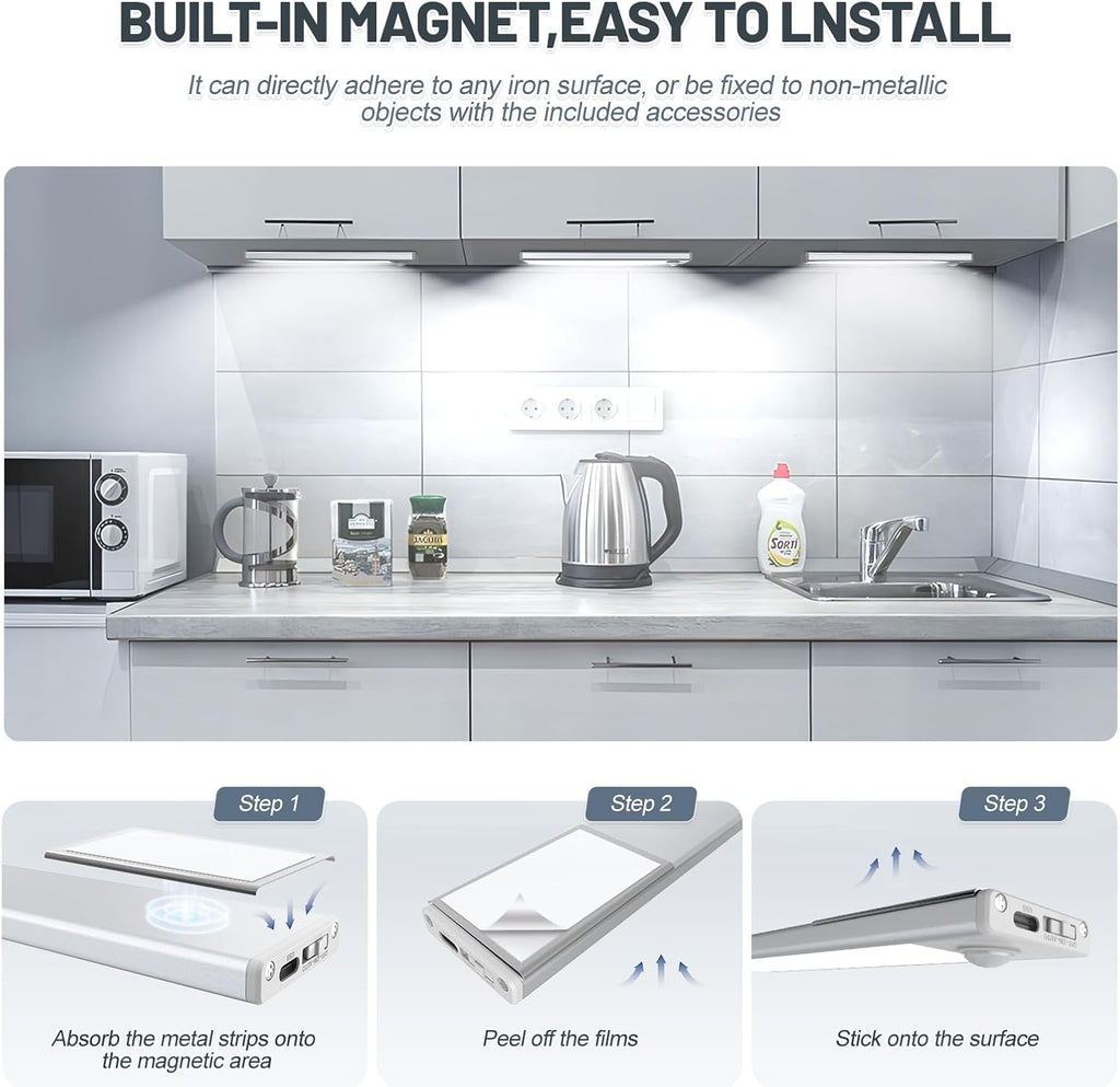 6 Pack Under Cabinet Lights Wireless, 32 LED Motion Sensor Light Indoor Rechargeable Magnetic Closet Lights Battery Operated, Under Counter Lights for Kitchen, Wardrobe, Hallway, Stairs