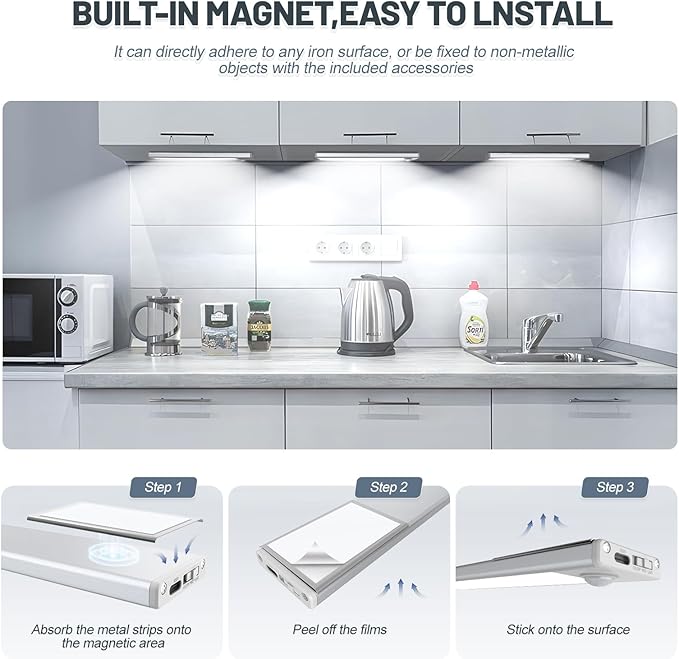 6 Pack Under Cabinet Lighting Wireless, 50 LED Rechargeable Battery Motion