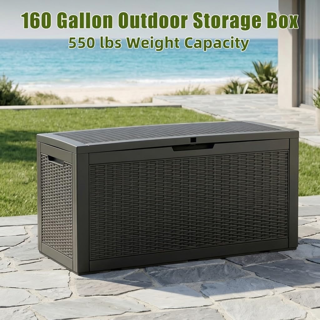 rojik 160 gallon deck box, lockable waterproof resin, side view