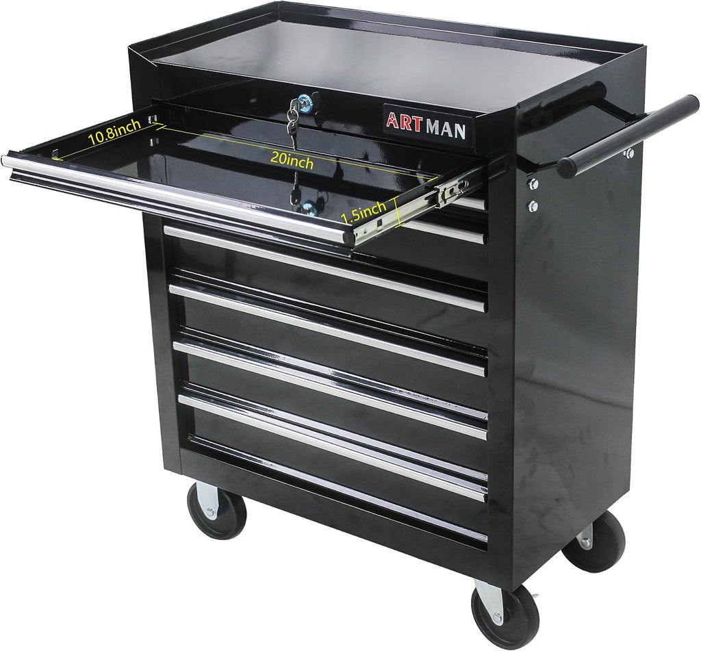 tool chest with 7-drawer tool box organizers and showing dimensions