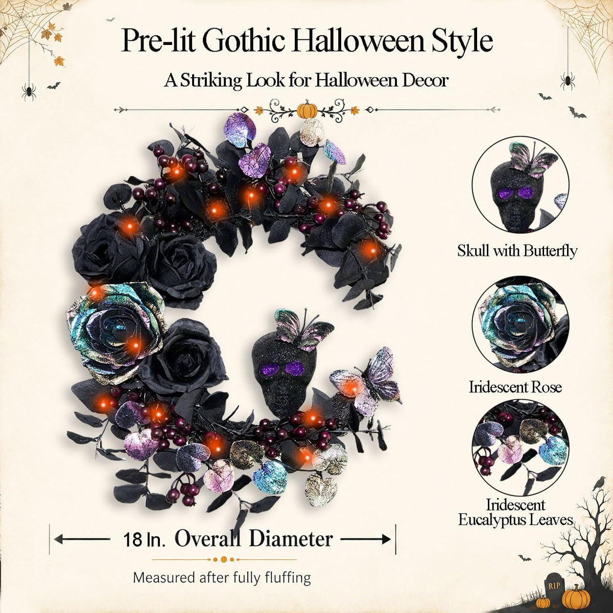 18 Inch Halloween Wreath for Front Door, Iridescent Leaves