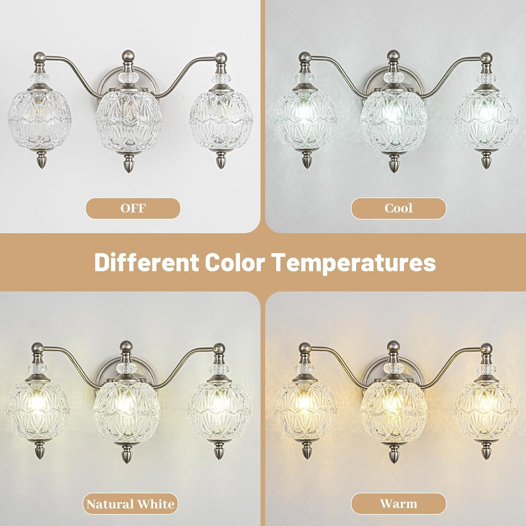 Brushed Nickel Bathroom Vanity Light, 3-Light Mid Century Modern Brushed Nickel Finish Wall Sconce with Globe Glass Shades, Modern Mirror Light for Bathroom, Powder Room