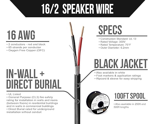 Voltive 16/2 Speaker Wire, in-Wall CL3 & Direct Burial, 100ft