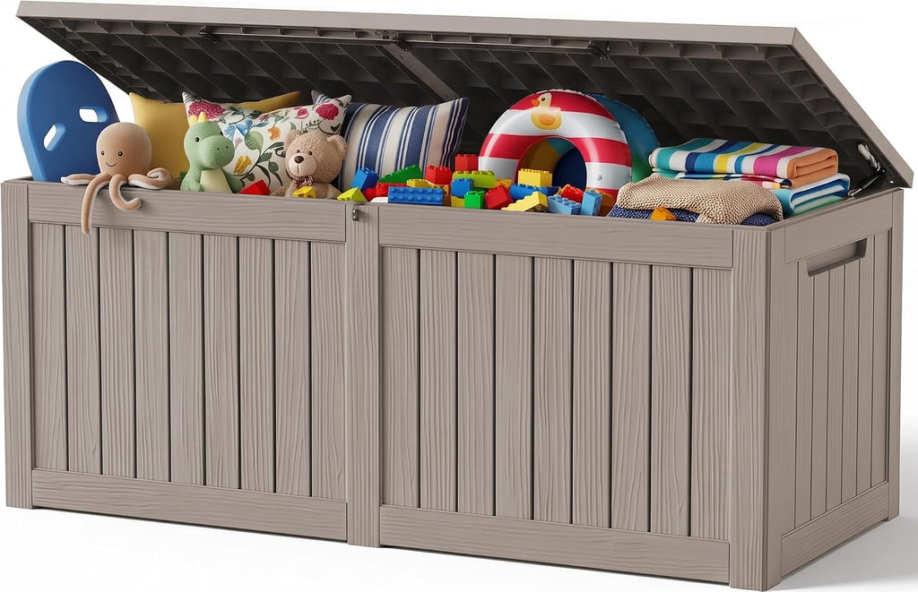 Outdoor Storage Box, 370 Gallon Waterproof Resin Deck Box with Support Rod
