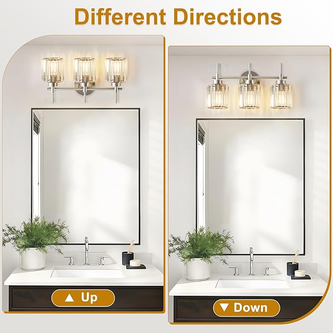 EJIAXIN 3 Light Crystal Bathroom Light Fixtures, Brushed Nickel Vanity Mirror
