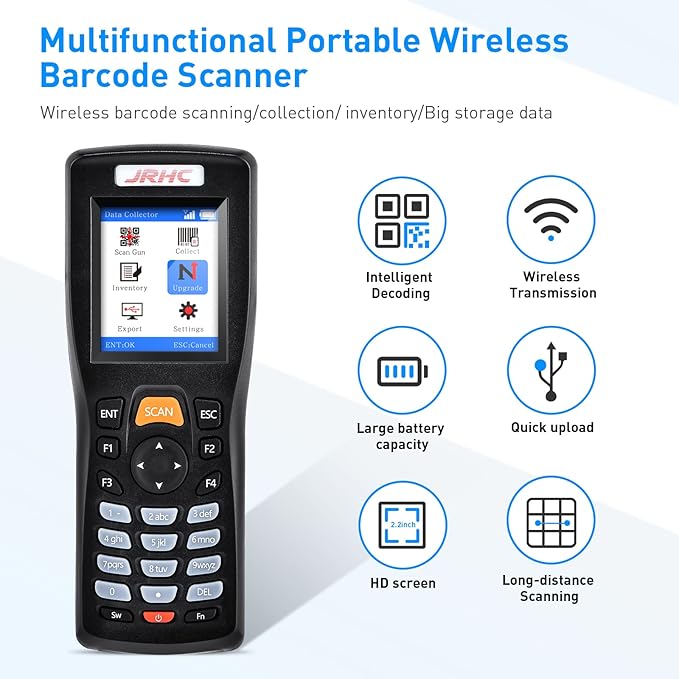 JRHC Wireless Barcode Scanner, Portable Inventory Scanner 1D 2D&PDF417 Data
