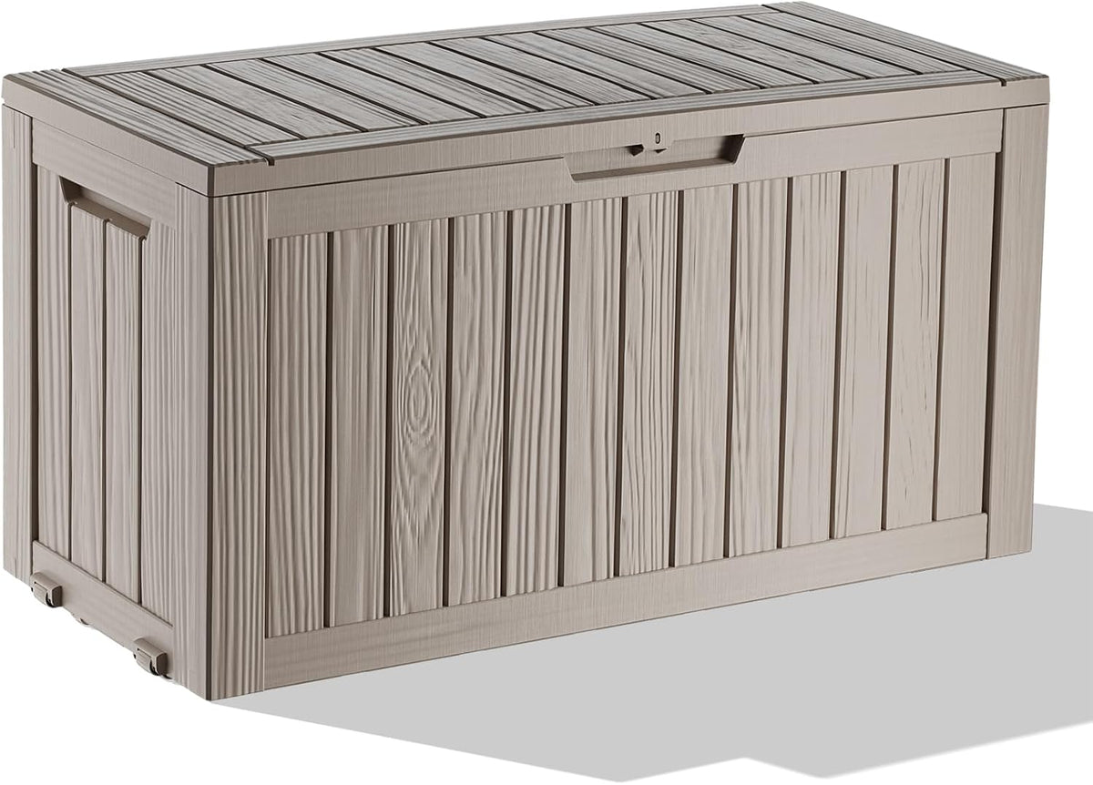 PatioZen 75 Gallon Outdoor Deck Box,Waterproof Resin Outdoor Storage Boxes, Outside Storage Lockable Container for Garden Tools,Indooor Cushions,Accessories (Grey)