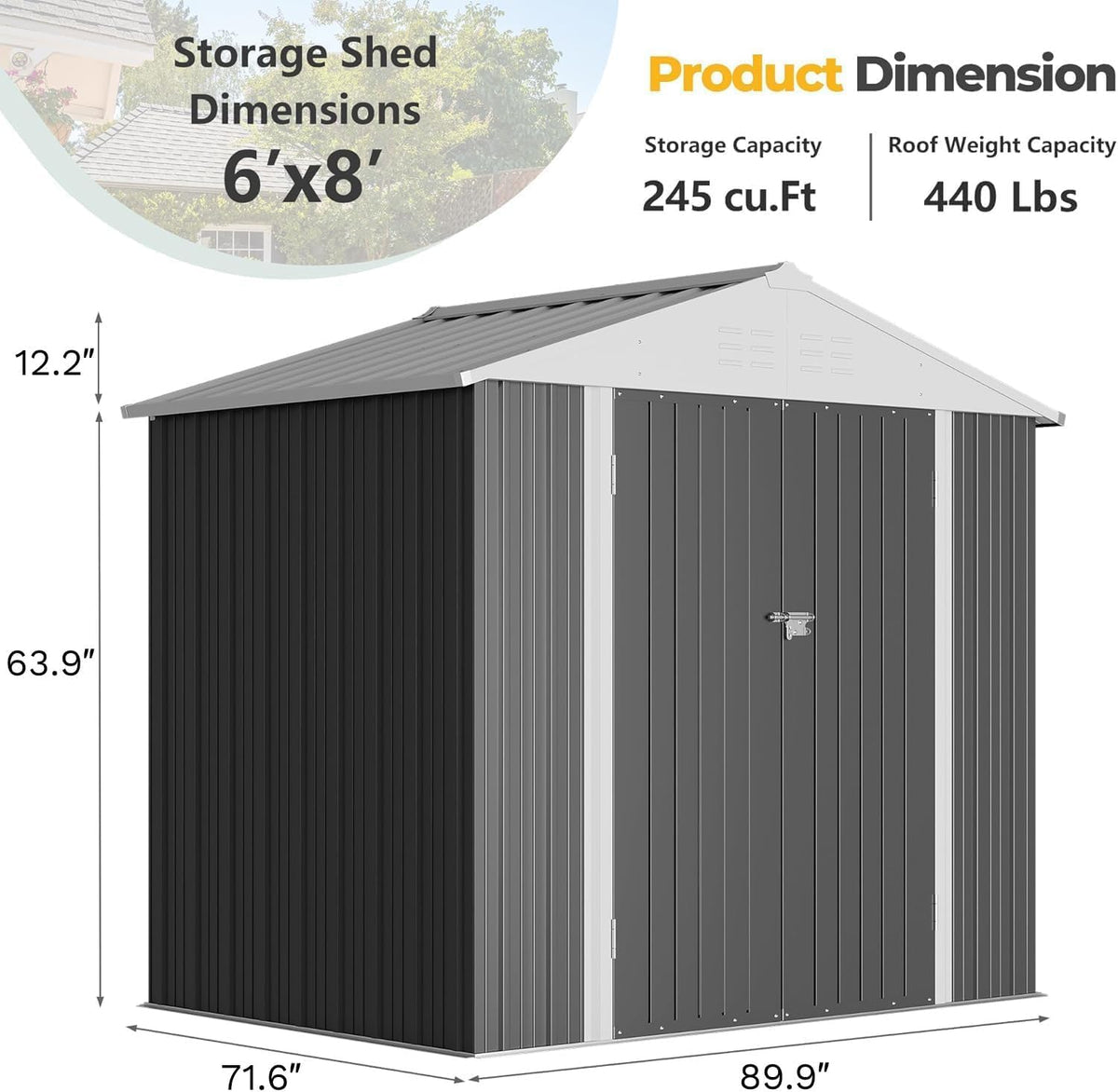 furniwell 6x8 ft outdoor storage shed, metal garden, front angle view