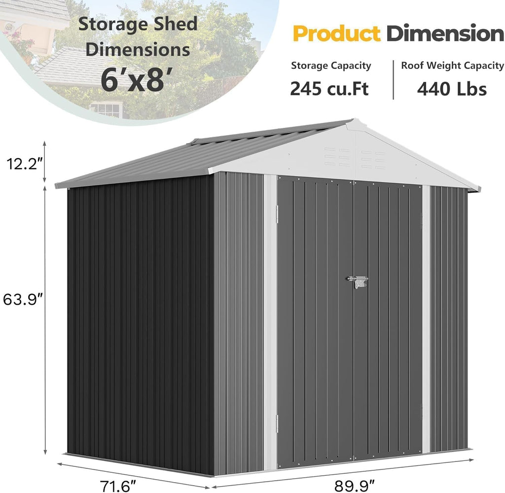 furniwell 6x8 ft outdoor storage shed, metal garden, front angle view