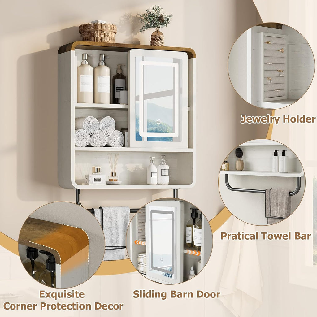 QUW Modern Bathroom Wall Cabinet, Medicine Cabinets with Mirror, Over The Toilet Storage Cabinet for Bathroom, Towel Bar, Sliding Door, 3 Lighting Modes, Adjustable Brightness, Antique White