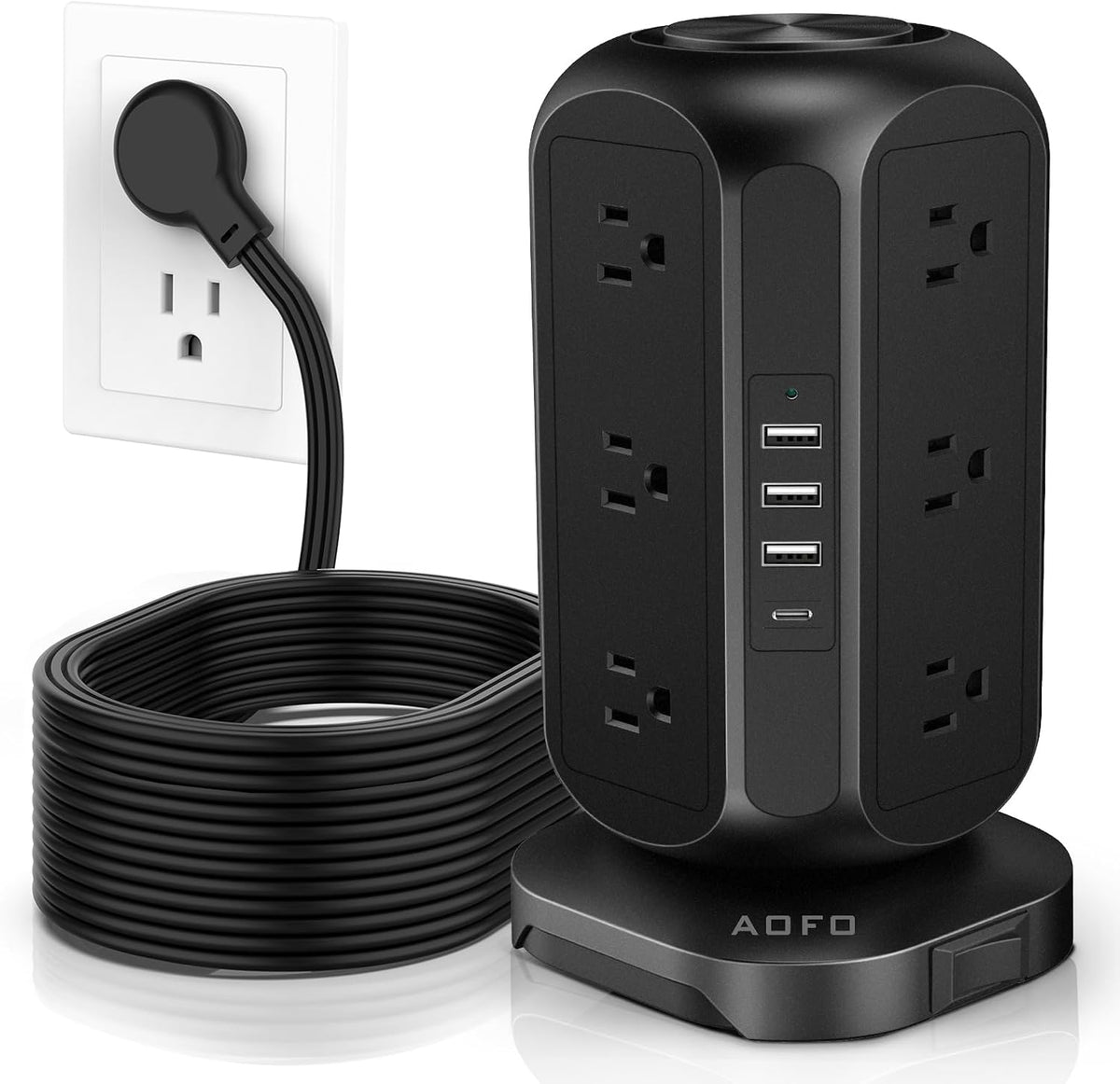 AOFO Long Extension Cord 15 ft Power Strip Tower, Surge Protector 12 AC Outlets