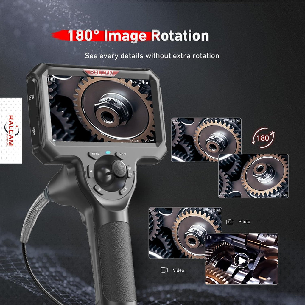 ralcam 4-way 360° articulating borescope for mechanic automotive on a desk or shelf