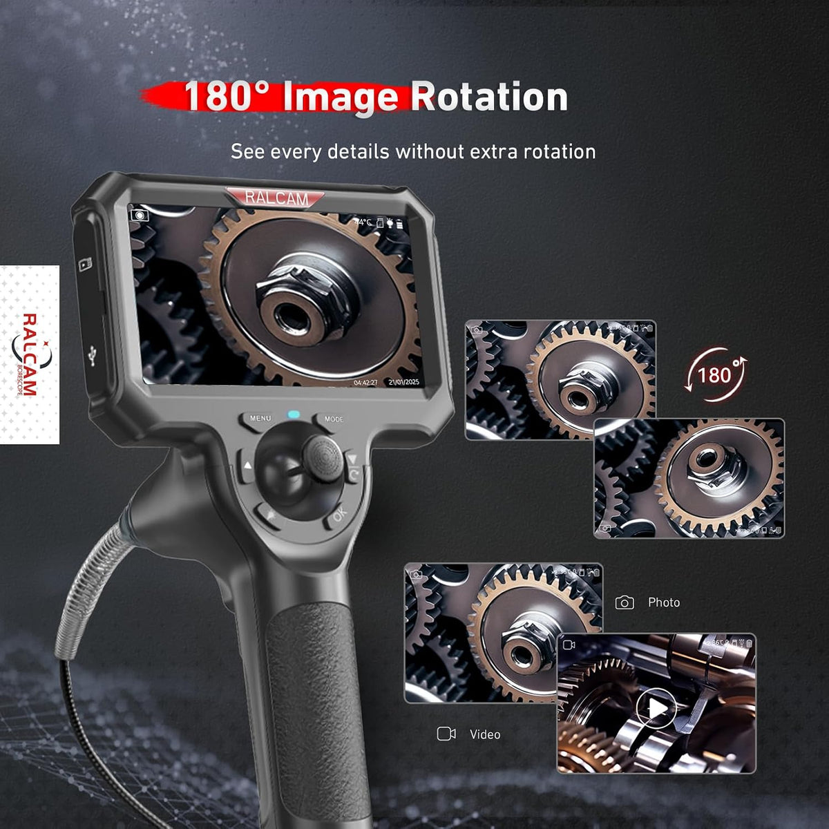 ralcam 4-way 360° articulating borescope for mechanic automotive on a desk or shelf
