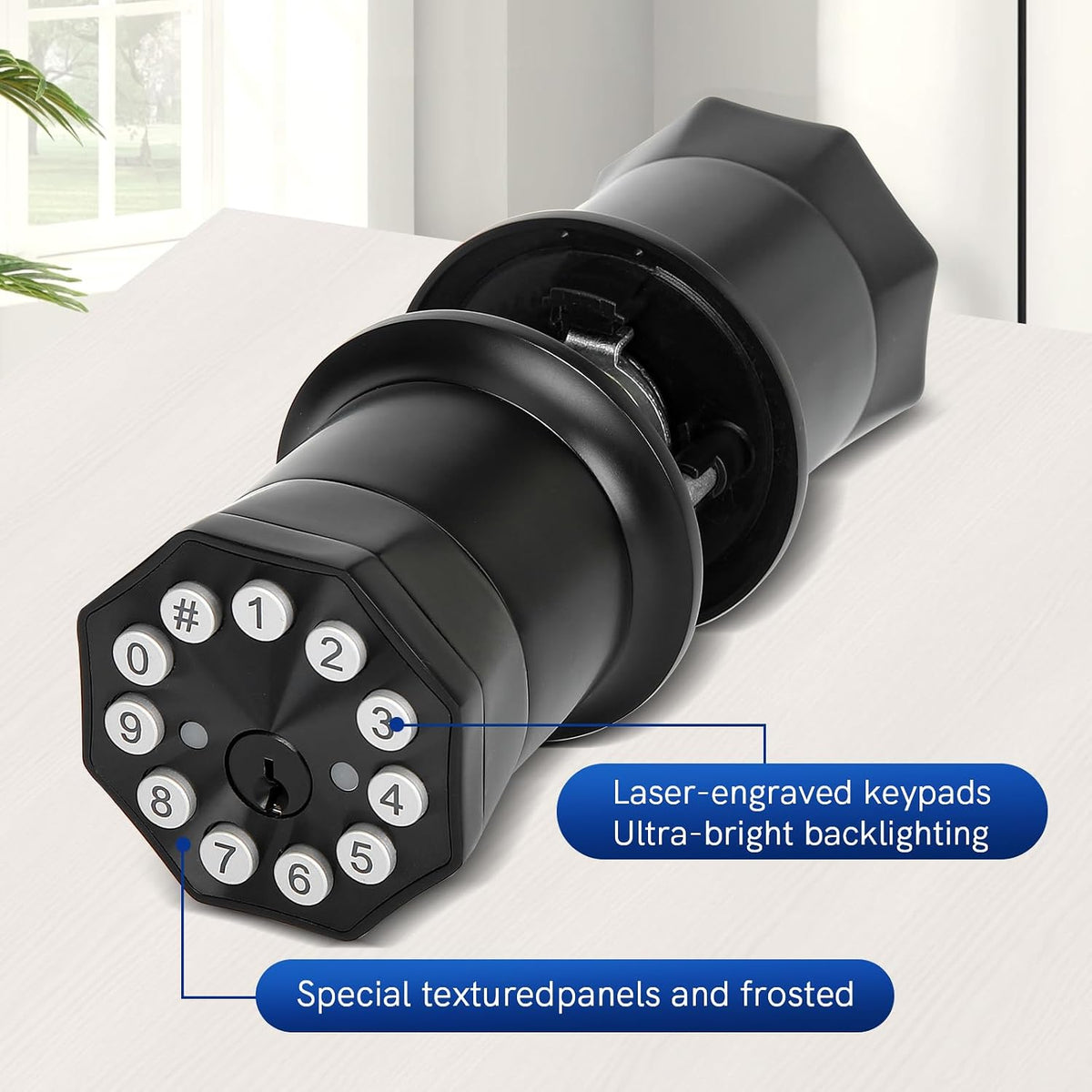 Door Knob with Keypad and Key, Keyless Entry Door Lock,Smart Digital Knob Unlock by Passcode/Keys/USB backuplock,Electronic Door Knob for Home Bedroom Apartment Garage Office Security,Black